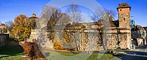 Landmarks of Germany - medieval Nuremberg Nurnberg town in Bavaria, view of castle Kaiserburg and city wall