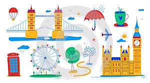 Landmarks of Great Britain - flat design style illustration set
