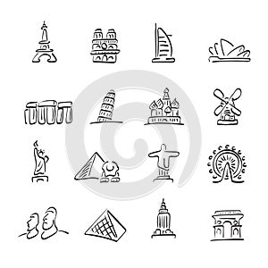 Landmarks icon set illustration vector hand drawn isolated on white background line art