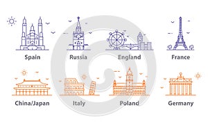 Landmarks icons set, world capitals symbols. Paris and London, Moscow and Spain, France and China and more.