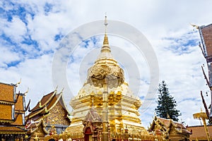 Landmarks, important tourist attractions in Chiang Mai, Phra That Doi Suthep, large golden pagoda at Thailand