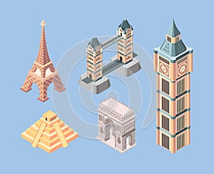 Landmarks isometric. World famous buildings travelling symbols bridges pyramid towers vector