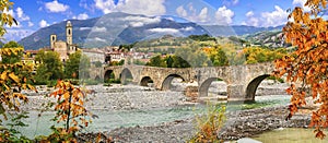 Landmarks of Italy . Bobbio - beautiful ancient town with impressive roman bridge, Emilia Romagna