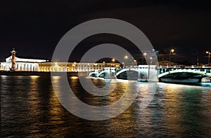 Landmarks at night in the city of Saint Petersburg in Russia, Neva river with bridges
