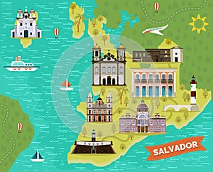 Landmarks, sightseeing places on map of Salvador