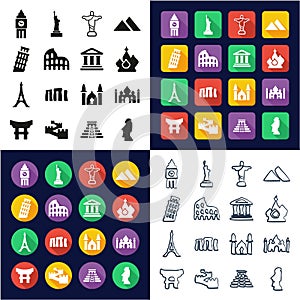 Landmarks Of The World All in One Icons Black & White Color Flat Design Freehand Set