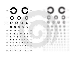 Landolt C Eye Test Chart broken ring blurred medical illustration. Japanese vision test line vector sketch style outline