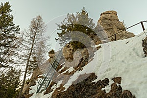 Landquart, Switzerland, December 19, 2021 Stairway to the mount Pizalun