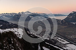 Landquart, Switzerland, December 19, 2021 View over the foggy rhine valley