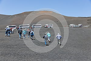 Landrovers ands tourists visiting the vulcano of Mount Etna, Sicily