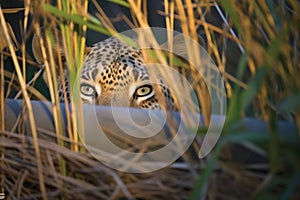 landrovers headlights spotlighting a leopard behind a bush