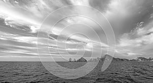 Lands End as seen from the Sea of Cortes at Cabo San Lucas in Baja California Mexico - black and whtie photo