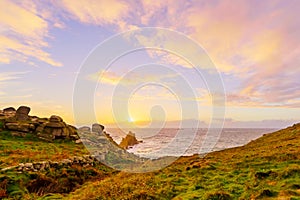 Lands End coastline landscape, with the Longships Lighthouse, Cornwall