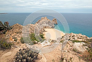 Lands End and Divorce Beach as seen from top of Mt Solmar in Cabo San Lucas Baja Mexico