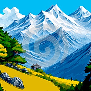 Landscape 8bit pixel art. Summer natural landscape mountain scenery arcade game background