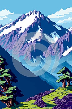 Landscape 8bit pixel art. Summer natural landscape mountain scenery arcade game background