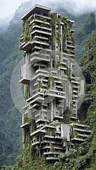 Landscape of an abandoned brutalist building structure built on mountainous rainforest terrain - Generative AI Illustration