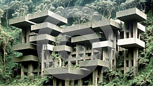 Landscape of an abandoned brutalist building structure built on mountainous rainforest terrain - Generative AI Illustration