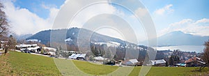 Landscape above tourist resort Tegernsee at early springtime with bit of snow