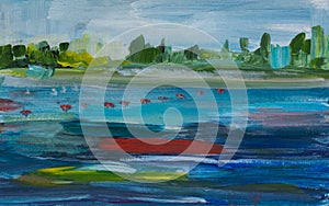 Landscape abstract acrylic. A lake with boats and trees on the horizon.