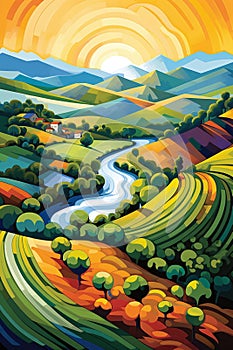 Landscape abstract illustration with river, fields, valley