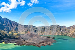 Landscape of active volcano Baru Jari, Lake Segara Anak and summit of Rinjani mountain. Lombok island, Indonesia