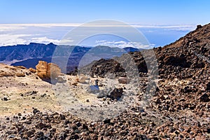 Landscape with an active volcano high in the mountains. Scientists\' equipment measures carbon dioxide emissions