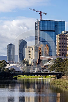 A landscape of the Adelaide cityscape across the River Torrens in Adelaide South Australia on July 23rd 2023