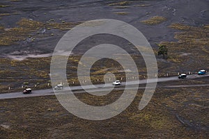 Landscape aerial view of groups of adventure off road driving on road trip