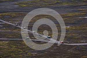 Landscape aerial view of groups of adventure off road driving on road trip photo