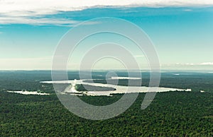 Landscape aerial view of Iguazu falls waterfall, rivers, rainforest, and jungle