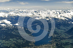 Landscape aerial view of Zurich, Switzerland, lake Zurich, hills and fields.