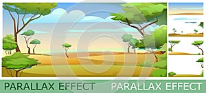 Landscape African savannah. Acacia and sand desert. set of slides create parallax image layer. Cartoon style. Isolated