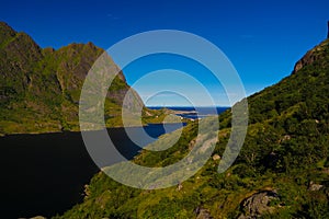 Landscape with Agvatnet lake near A village, Moskenesoya, Lofoten, Norway