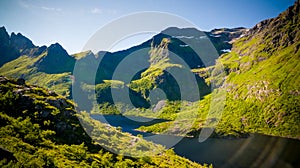 Landscape with Agvatnet lake near A village, Moskenesoya, Lofoten, Norway photo