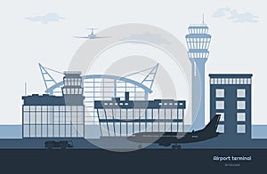 Landscape of airport. Transportation terminal silhouette. Airplane on aerodrome background. Aviation scene