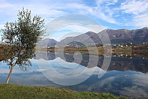 Landscape Albania lake trees awesome sky reflection mountain hills tree ablero park panorama