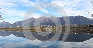 Landscape Albania lake trees awesome sky reflection mountain hills tree ablero park panorama