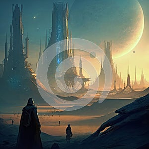 Landscape of an alien city with skyscrapers in a desert landscape with planets and satellites on the sky. Concept. AI.