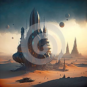 Landscape of an alien city with skyscrapers in a desert landscape with planets and satellites on the sky horizon. Generated by AI.