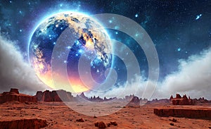 Landscape of an alien planet, beautiful view of a fictional sci-fi background. Generative AI