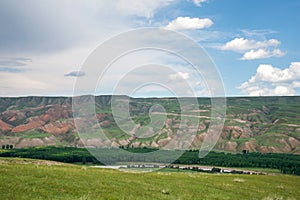 Landscape of alpine meadows,valley,river and blue sky