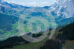 Landscape of Alps mountain village aerial view from Cable car,