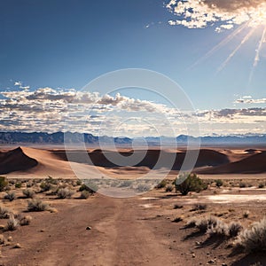 The landscape of Alvord Desert, Oregon has a dried lake bed and desert terrain w...