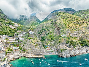 Landscape with amazing Marina di Praia beach at famous Amalfi coast, Italy