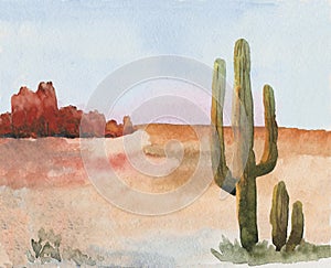 Landscape of American prairies with cactus. Wild West