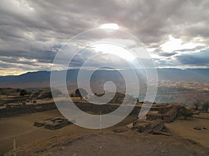 Landscape Ancient ruins on plateau Monte Alban in Mexico