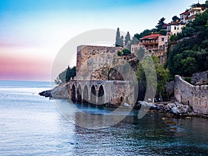 Landscape of ancient shipyard near of Kizil Kule tower in Alanya peninsula, Antalya district, Turkey, Asia. Famous