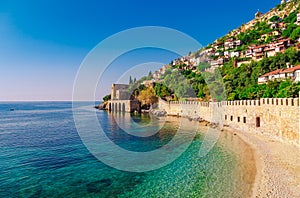 Landscape of ancient shipyard near of Kizil Kule tower in Alanya peninsula, Antalya district, Turkey, Asia. Famous tourist