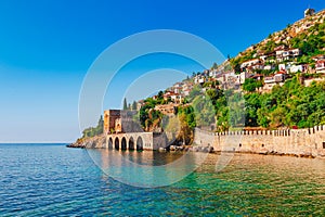 Landscape of ancient shipyard near of Kizil Kule tower in Alanya peninsula, Antalya district, Turkey, Asia. Famous tourist